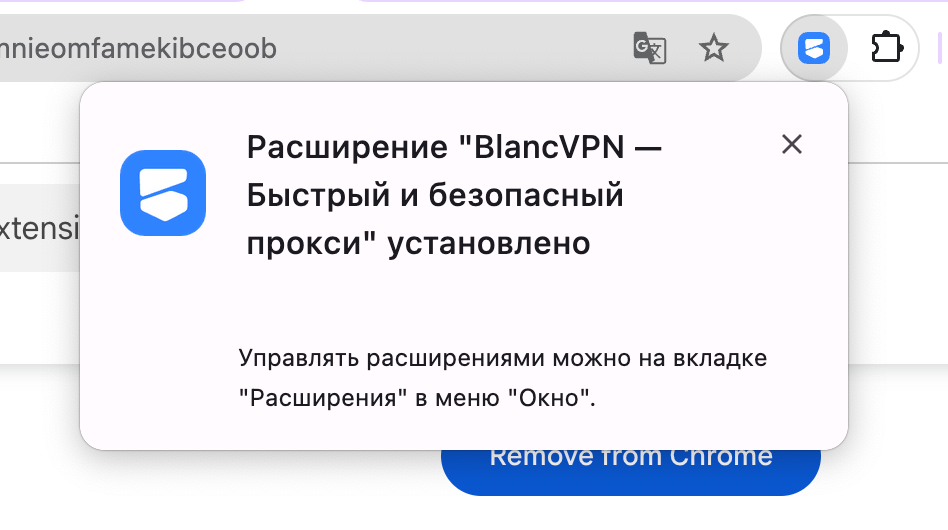 Окно "Расширение установлено"